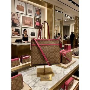 Coach Signature File Bag Crossbody Khaki with Pink Leather Trim